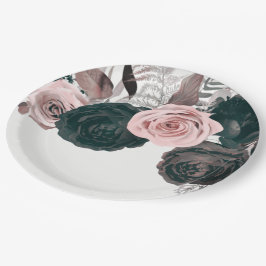 Prato De Papel Rosa Suave e Preto Floral Verde Branco Casamento