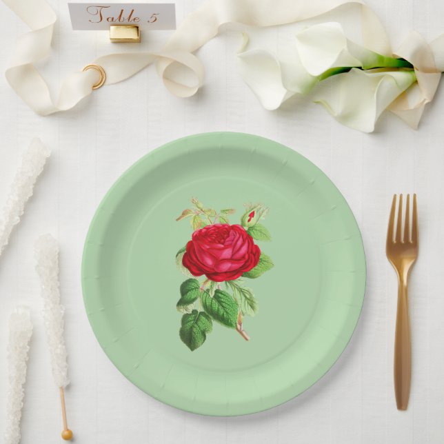 Prato De Papel Rosa Vermelha Pintada em Verde Claro (Casamento)