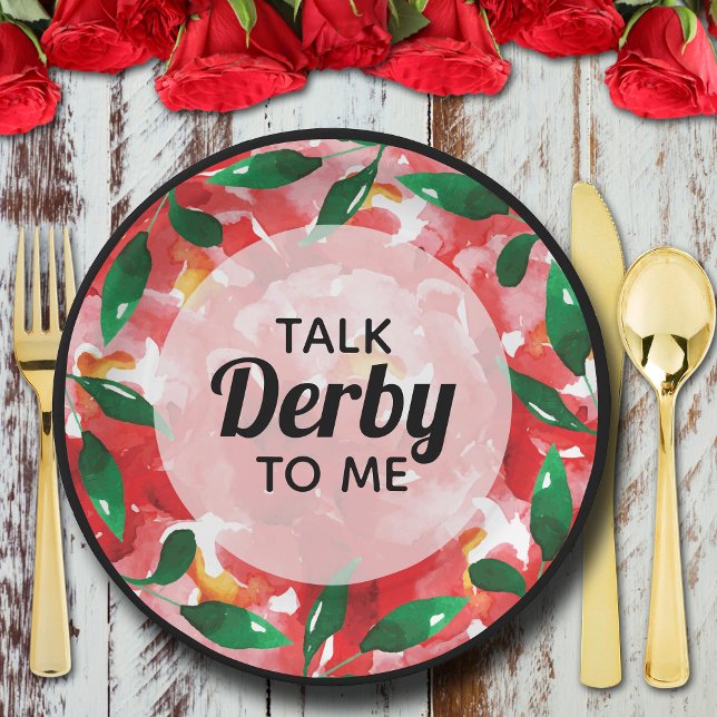 Prato De Papel Rosa vermelha Talk Derby para Mim (Talk Derby to Me on red roses collage paper plates)