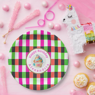 Prato De Papel Rosa Xadrez Divertida e Verde   Cupcake