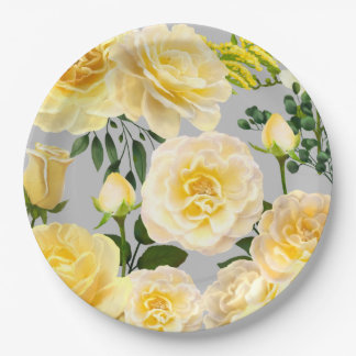 Prato De Papel Rosas Amarelas cremosas Vintage Floral na Cinza