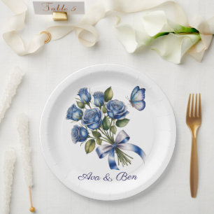 Prato De Papel Rosas Azuis Elegantes e Borboleta Casamento Prata