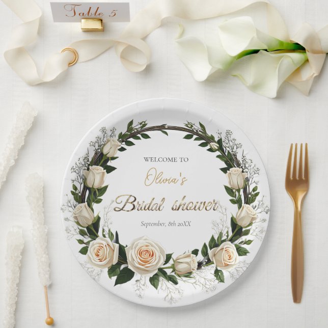 Prato De Papel Rosas Brancas e Favor de Respiro de Bebê (Casamento)