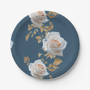 Prato De Papel Rosas brancas e folhas de ouro sobre fundo azul
