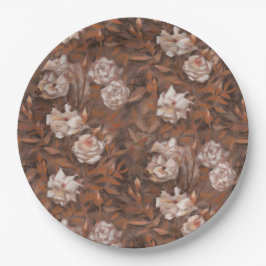 Prato De Papel Rosas Brancas, Sépia, Padrão Floral Vintage Retro