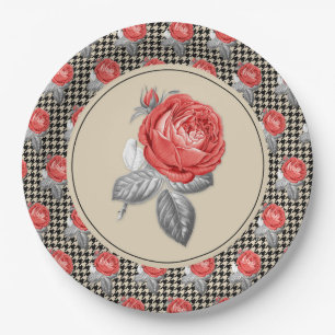 Prato De Papel Rosas cor-de-rosa vintage e padrão xadrez inglês