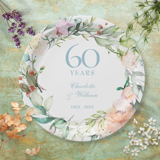 Prato De Papel Rosas de Aniversário de Diamante de 60 Anos de Cas