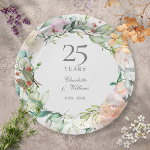 Prato De Papel Rosas de aniversário de prata de 25 anos com folha