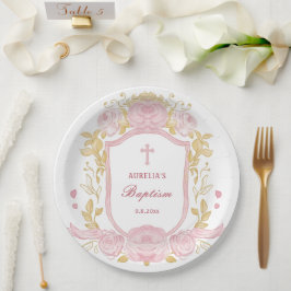 Prato De Papel Rosas De Aquarelas Crest Baptism