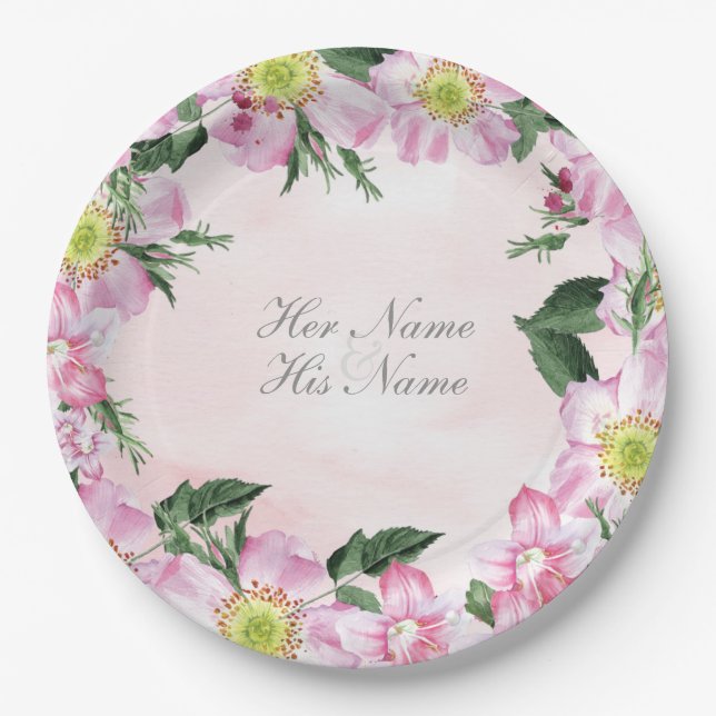 Prato De Papel Rosas de cães em fundo rosa Casamento (Frente)