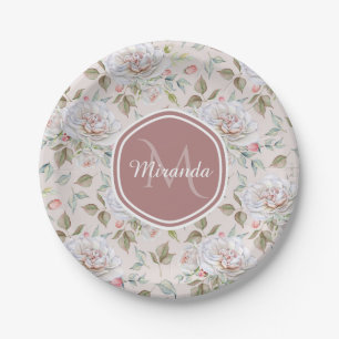 Prato De Papel Rosas de creme elegantes monograma floral e nome