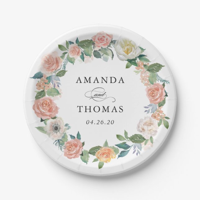 Prato De Papel Rosas de Jardim Elegante Casamento Floral Wreath (Frente)