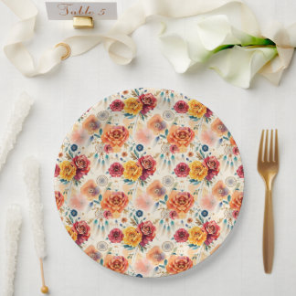 Prato De Papel Rosas de vindima de boho e penas, padrão floral