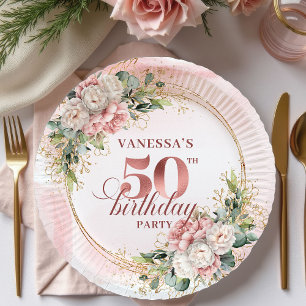 Prato De Papel Rosas Douradas Elegantes para 50º Aniversário