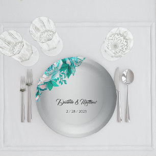 Prato De Papel Rosas Elegantes de Aqua no Casamento Prateado
