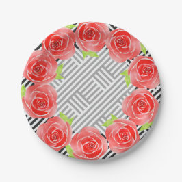 Prato De Papel Rosas em faixas brancas e pretas