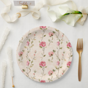 Prato De Papel Rosas Florais Cor-de-Rosa e Creme Lindas Casamento
