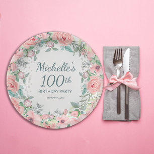 Prato De Papel Rosas Florais em Aquarela Rosa e Pérolas Aniversár