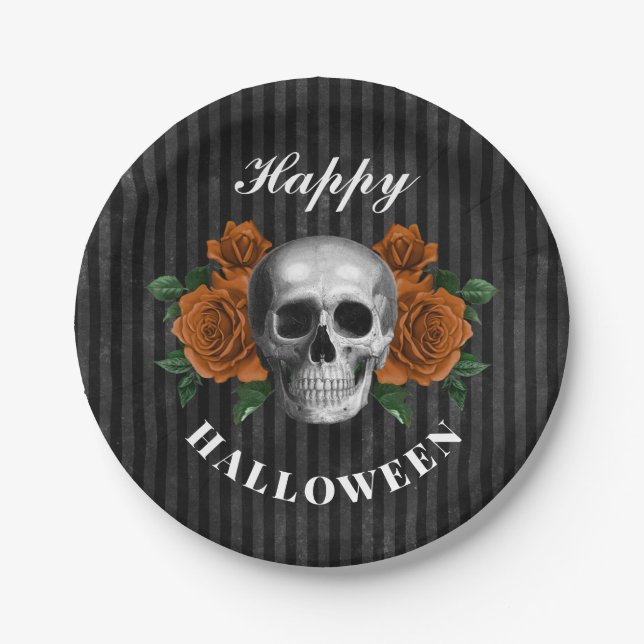 Prato De Papel Rosas Góticas & Caveira Feliz Halloween  (Frente)