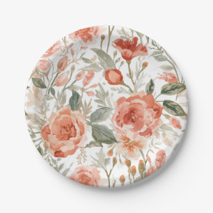 Prato De Papel Rosas Laranja Aquarela Botânica Coral Floral