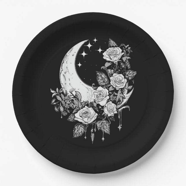 Prato De Papel Rosas-Lua - Gótico Romântico - Whimsigoth Witchy W (Frente)