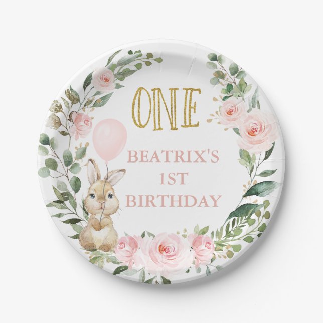 Prato De Papel Rosas Rosa Algum Coelho Virando Um primeiro aniver (Frente)