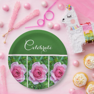 Prato De Papel Rosas rosa bonito em uma Fila - Placa de Papel