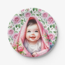 Rosas rosa e Chá de fraldas de menina sorridente