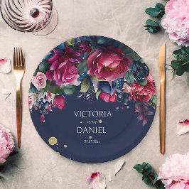 Prato De Papel rosas rosa-quente azul-marinho, casamento personal