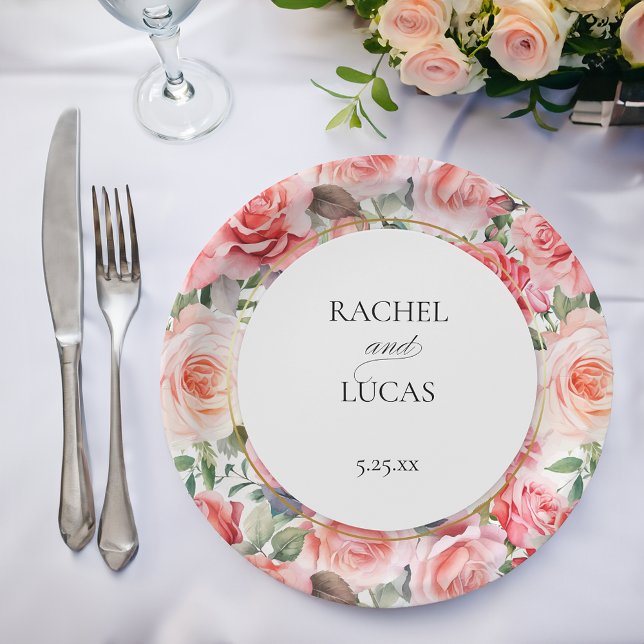 Prato De Papel Rosas Rosa Românticas De Cores Aquáticas (Criador carregado)