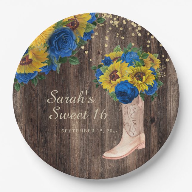 Prato De Papel Rosas Rustic Sunflower Blue Boots Sweet 16 (Frente)