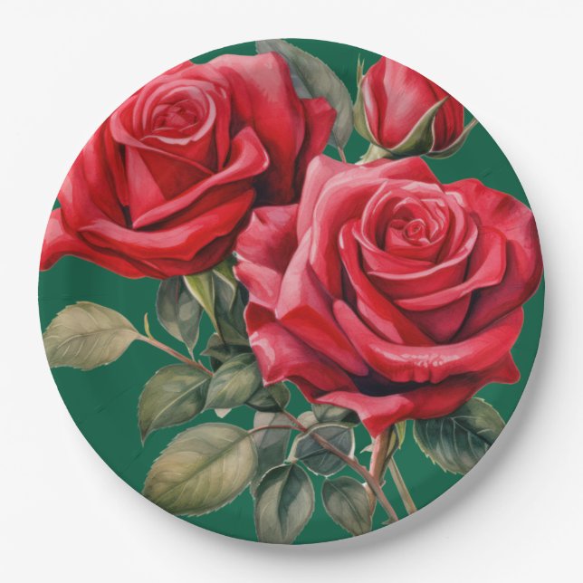 Prato De Papel Rosas Vermelhas Casamento Elegante (Frente)