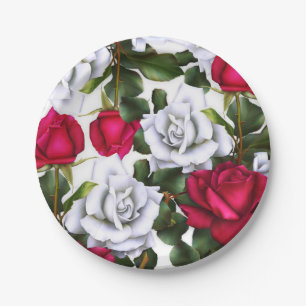 Prato De Papel Rosas Vermelhas e Brancas Shabby Chic Rústico Glam