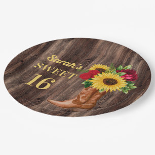 Prato De Papel Rosas vermelhas Girassóis Cowboy Boots Sweet 16