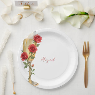 Prato De Papel Rosas vermelhas sobre o Nome Personalizado do Cham