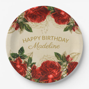 Prato De Papel Rosas Vermelhas Vintage Feliz Aniversário Feminino