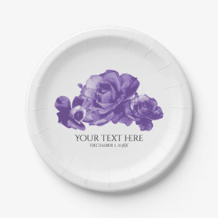 Prato De Papel Rosas Vintage Aguarela Roxo Casamento Elegante