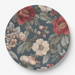 Prato De Papel Rosas Vintage Vermelhas Empoeiradas, Brancas e Azu