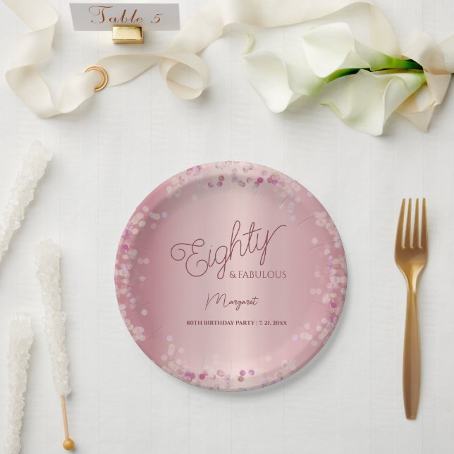 Prato De Papel Rose Gold 80th Birthday Party Paper Plate (Casamento)
