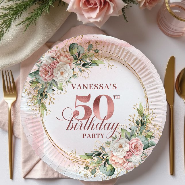 Prato De Papel Rose Gold Blush Floral 50th Birthday Paper Plates (Complete your milestone celebration with these elegant 50th birthday paper plates designed with soft)