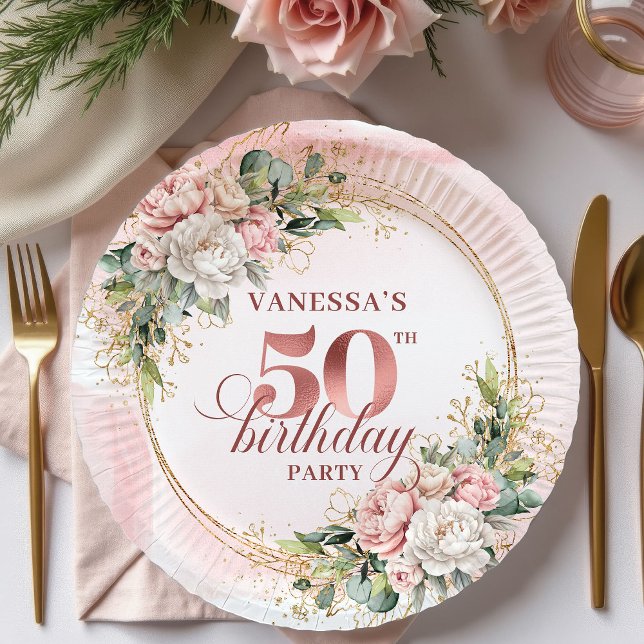 Prato De Papel Rose Gold Peony Greenery 50th Birthday Paper Plate (Rose Gold Peony Greenery 50th Birthday Paper Plates)