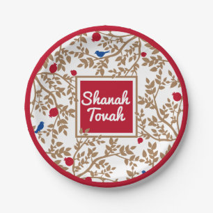 Prato De Papel Rosh Hashanah Jewish New Year Bird & Pomegranates