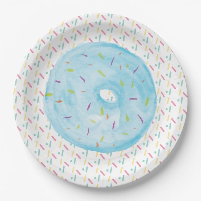 Prato De Papel Rosquinha Glasê com Aquarela Azul e Confeitos (Frente)