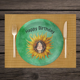 Prato De Papel Rosto da Menina de Aniversário em Girassol Amarelo