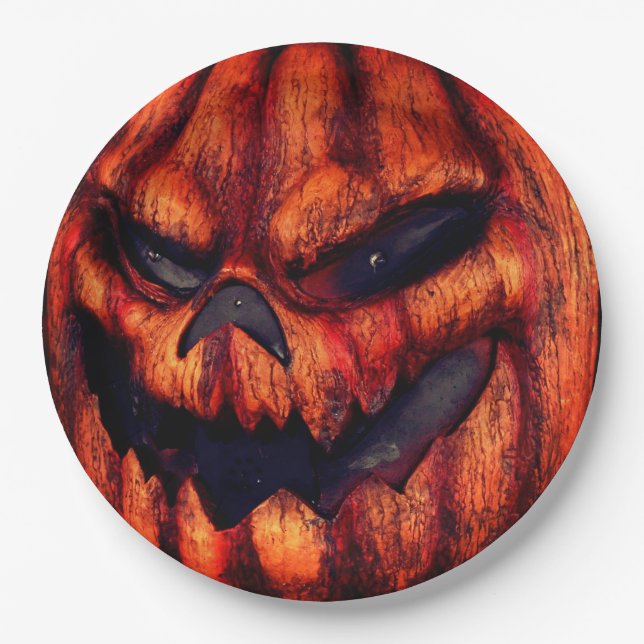 Prato De Papel Rosto de Abóbora Assustador de Halloween (Frente)