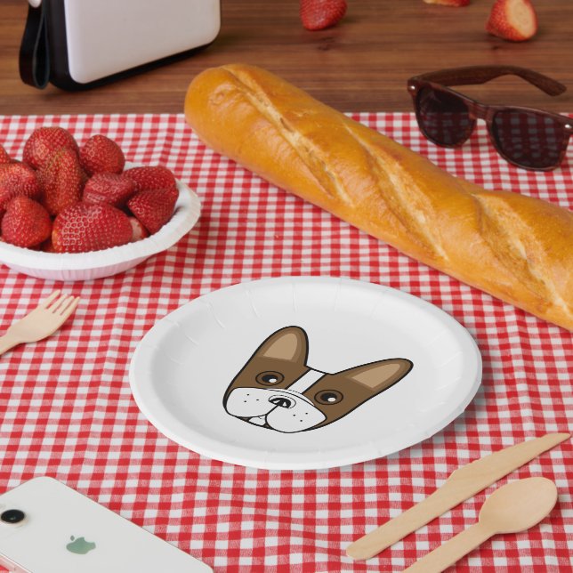Prato De Papel Rosto de Buldogue Francês de Stripe Castanho (Piquenique)