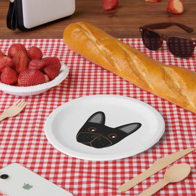 Prato De Papel Rosto de Buldogue Francês Negro (Piquenique)