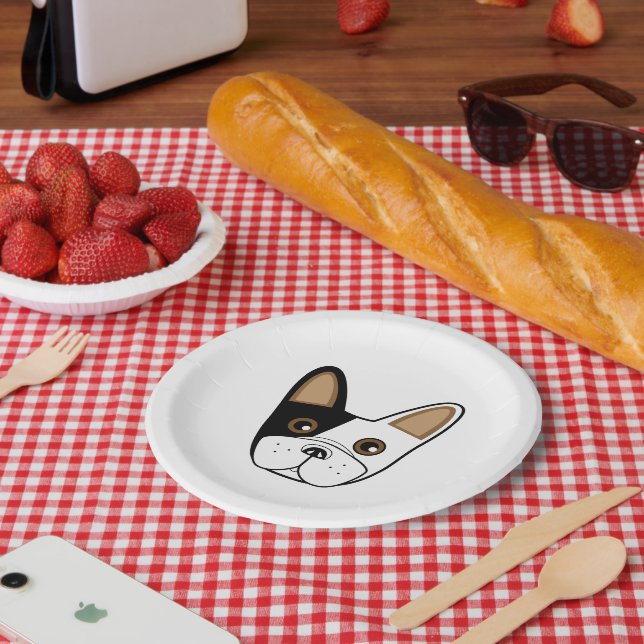 Prato De Papel Rosto de Buldogue Francês Negro e Branco (Piquenique)