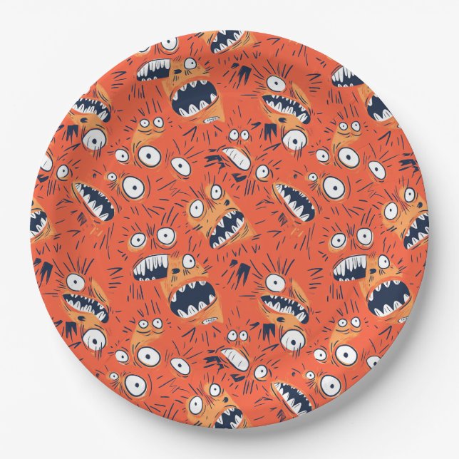 Prato De Papel Rosto de monstro laranja engraçado gritando  (Frente)