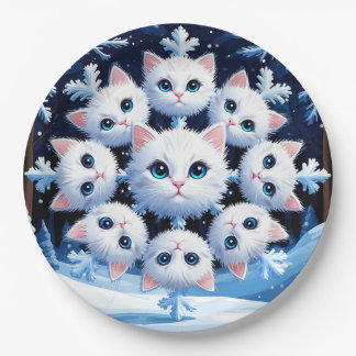 Prato De Papel Rostos brancos e bonitos de gato arranjados em flo